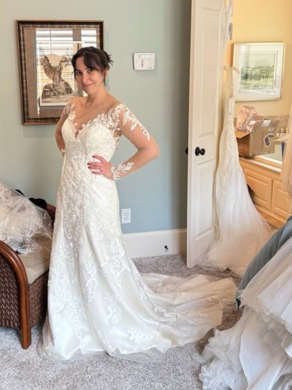Illusion-Sleeve Lace A-Line Wedding Gown - White